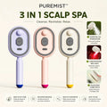 Three Puremist 3-in-1 Scalp Spa devices in pastel lavender, blush pink, and cream are shown on a light beige background with feature callouts and text describing benefits like essential oil atomization, red light therapy, and comb teeth massage.