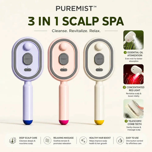 Three Puremist 3-in-1 Scalp Spa devices in pastel lavender, blush pink, and cream are shown on a light beige background with feature callouts and text describing benefits like essential oil atomization, red light therapy, and comb teeth massage.